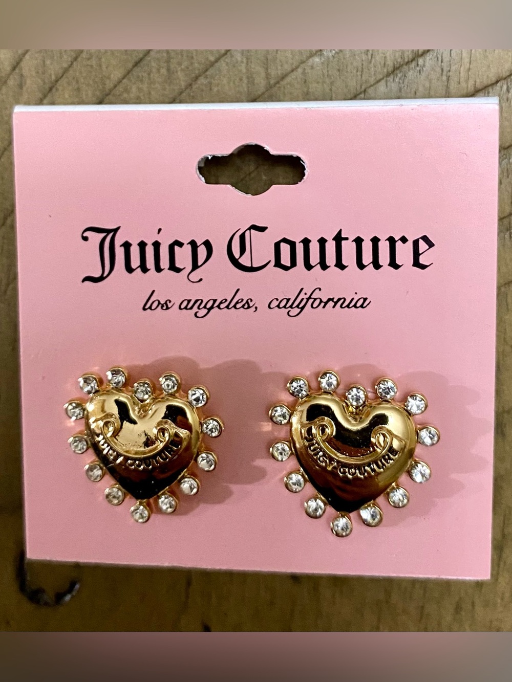 Juicy Couture Gold Heart Stud Earrings with Clear Crystal Halo